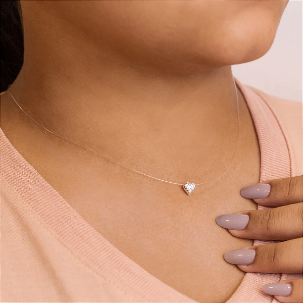 Colar Nylon Pingente Coração Prata - Joia em Prata 925