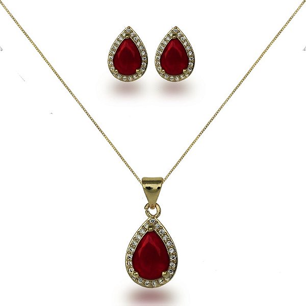 Conjunto Colar e Brinco Gota Cravejada Rubi - Semijoia Banhada a Ouro 18K