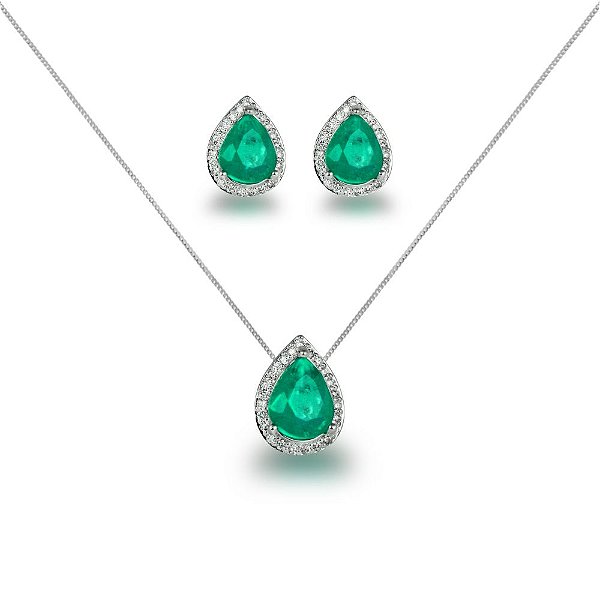 Conjunto Colar e Brinco Gota Cravejada Esmeralda - Semijoia Banhada a Prata
