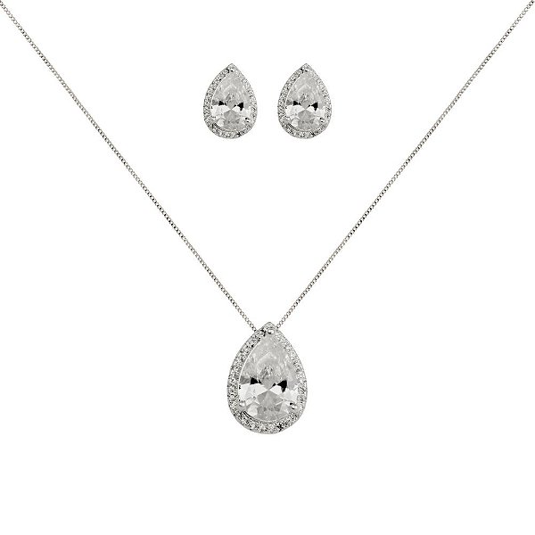 Conjunto Colar e Brinco Gota Cravejada Transparente - Semijoia Banhada a Prata
