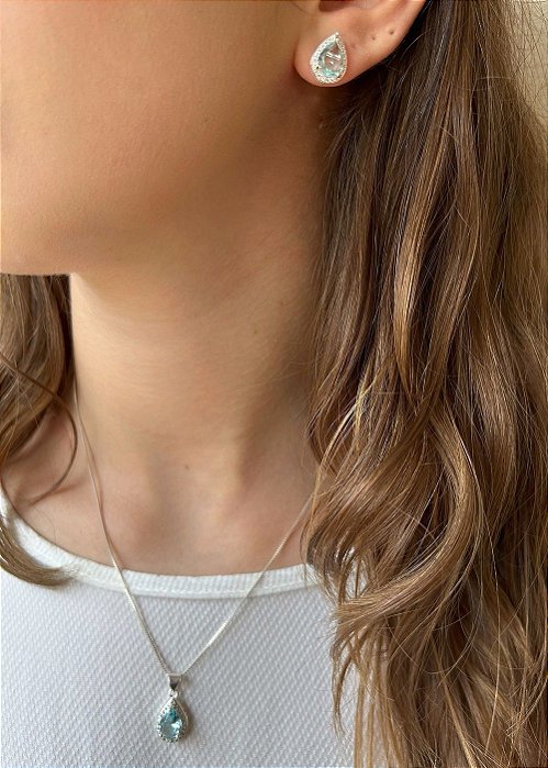 Conjunto Colar e Brinco Gota Cravejada Azul Claro - Semijoia Banhada a Prata