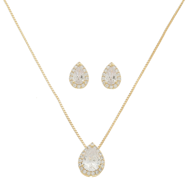 Conjunto Colar e Brinco Gota Cravejada Transparente - Semijoia Banhada a Ouro 18K