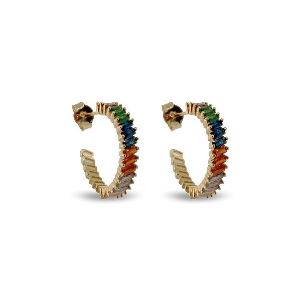 Brinco Meia Argola Navete Zircônias Coloridas - Semijoia Banhada a Ouro 18K
