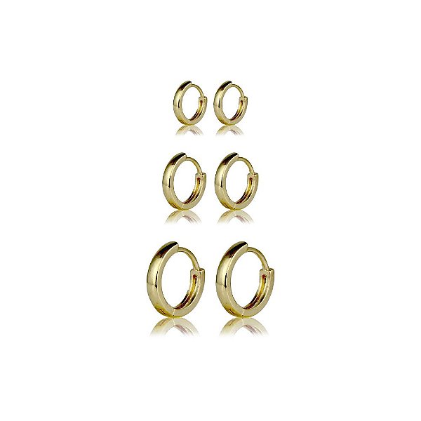 Trio Brincos Argola Fio Quadrado - Semijoia Banhada a Ouro 18K
