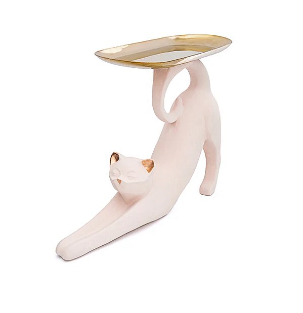 Escultura Gato C/ Bandeja Bege Relax 28x20cm