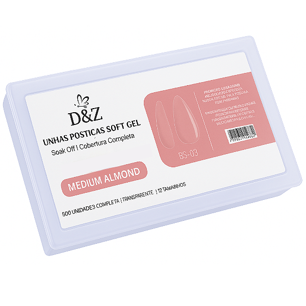 Unhas Postiças Soft Gel Almond Transparente Média D&Z – 500 Peças