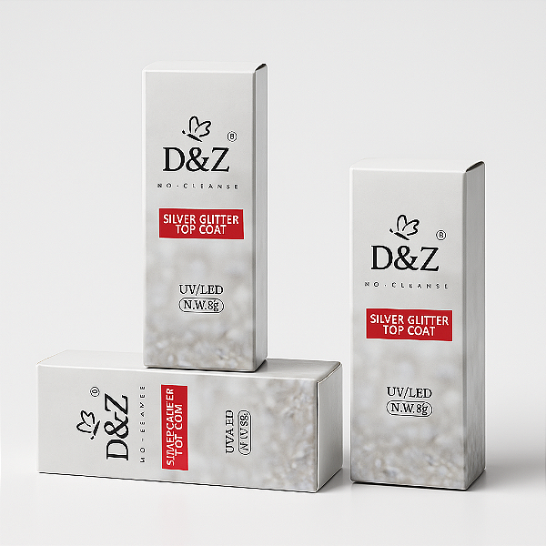 Top Coat Glitter Prata D&Z 8g – Acabamento Brilhante UV/LED