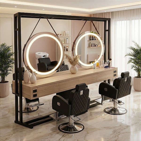 Bancada Industrial dupla para salão de beleza e barbearia (4 Lugares ) 250cm