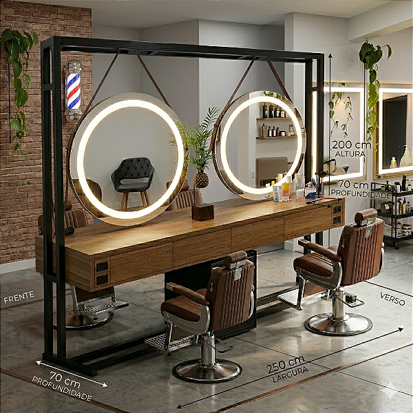 Bancada Industrial dupla para salão de beleza e barbearia (4 Lugares )