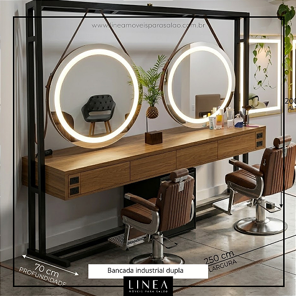 Bancada Estilo Industrial para Salão de Beleza - Com 2 Espelhos redondos 250cm