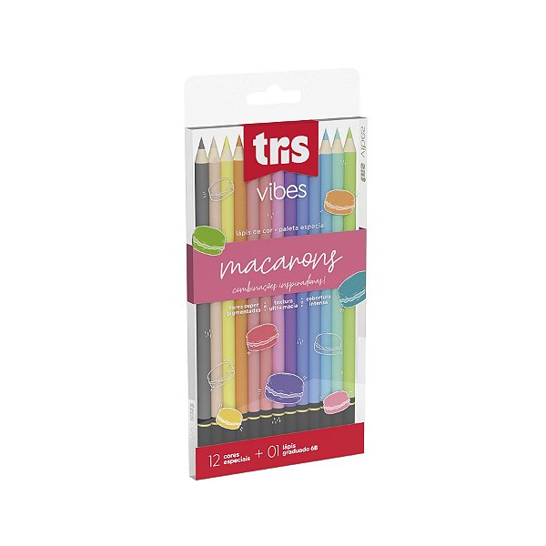 LÁPIS DE COR MACARRONS TRIS VIBES - 12 CORES + LÁPIS 6B
