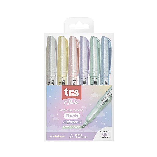 MARCA TEXTO TRIS HOLIC FLASH GLITTER COM 6 CORES PASTEIS