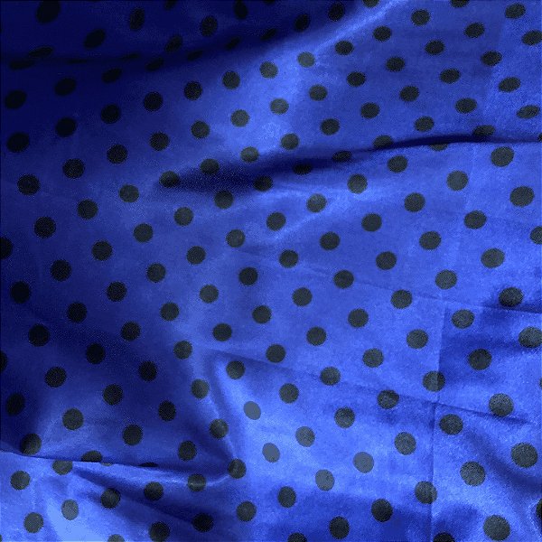 Cetim Estampado - Poá Médio Bolinha Preta Fundo Azul Royal