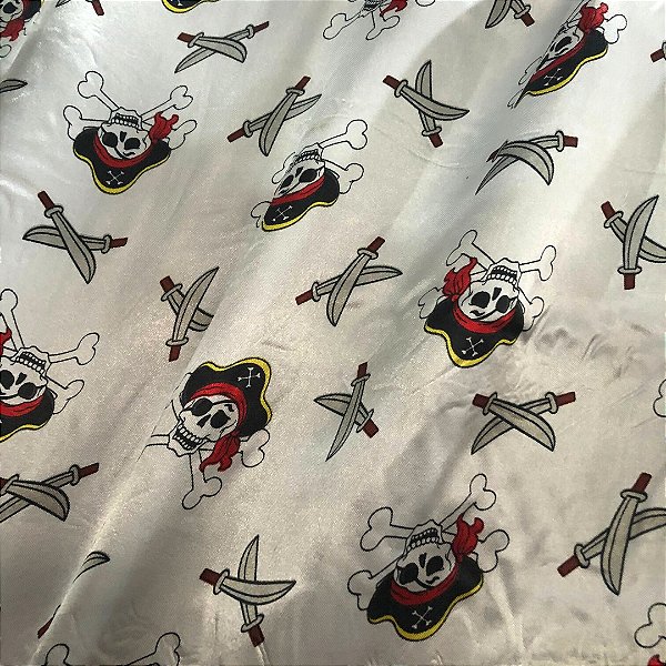 Cetim Estampado - Caveira Pirata Fundo Branco