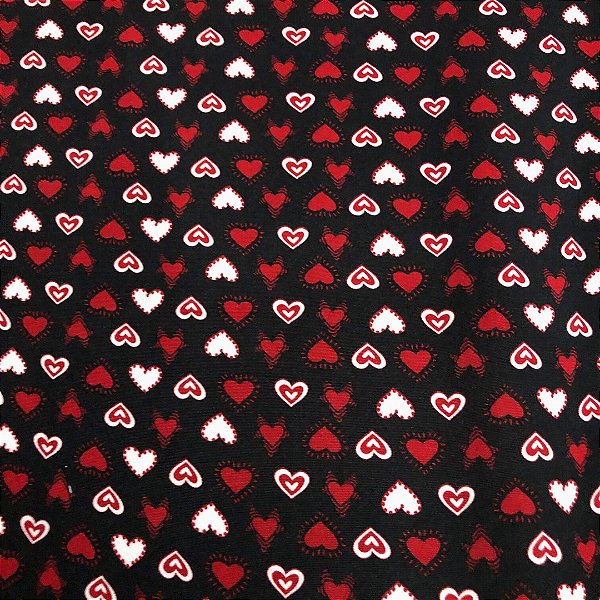 Malha Suede Pijama - Coração Fundo Preto - 1,60m de Largura