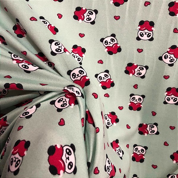Malha Suede Pijama - Panda Fundo Verde - 1,60m de Largura