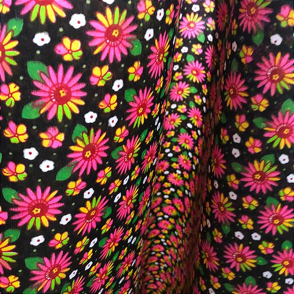 Tecido Chita Poliéster - Botão Floral Fundo Preto - 1,50m de Largura