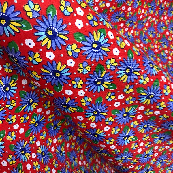 Tecido Chita Poliéster - Botão Floral Azul Fundo Vermelho - 1,50m de Largura