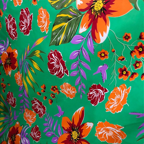 Tecido Chita Poliéster - Floral Laranja Fundo Verde - 1,50m de Largura