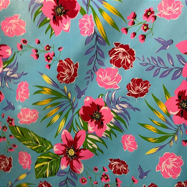 Tecido Chita Poliéster - Floral Rosa Fundo Azul Claro - 1,50m de Largura