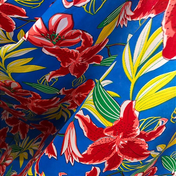 Tecido Chita Poliéster - Ramagem Floral Vermelho Fundo Azul - 1,50m de Largura