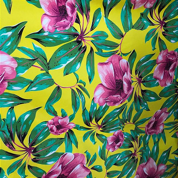 Tecido Chita Poliéster - Ramagem Floral Roxa Fundo Amarelo - 1,50m de Largura
