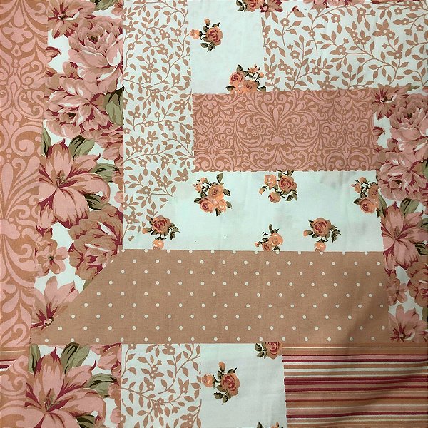 Percal 300 Fios Estampado Poliéster - Patchwork Floral Rose- 2,50m de Largura
