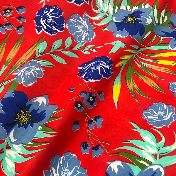 Tecido Chita Poliéster - Floral Azul Fundo Vermelho - 1,50m de Largura