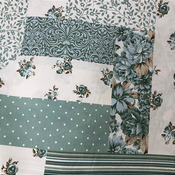 Percal 300 Fios Estampado Poliéster - Patchwork Floral Verde - 2,50m de Largura