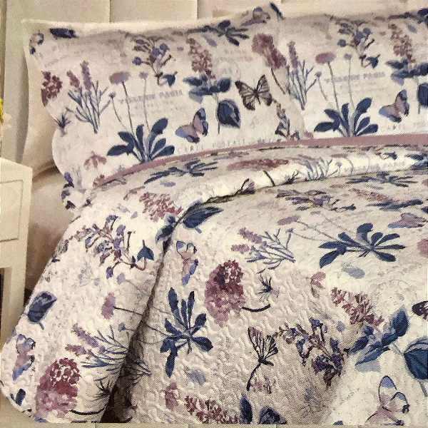 Kit Colcha Queen Dupla Face Matelassê com 02 Porta Travesseiros - Floral Azul e Lilás