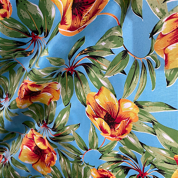 Tecido Chita Poliéster - Ramagem Floral Amarelo  Fundo Azul Claro - 1,50m de Largura