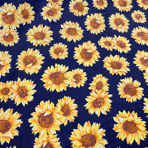 Tricoline Estampado 100% Poliéster - Girassol Fundo Azul Marinho - 1,50m de Largura