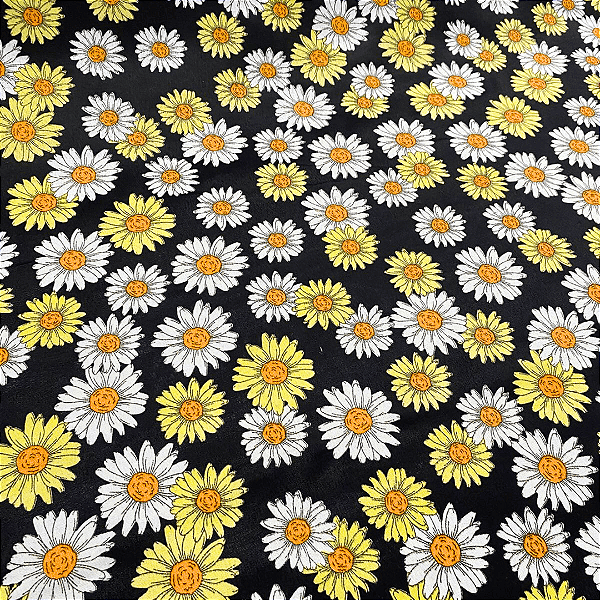 Tricoline Estampado 100% Poliéster - Margaridas Fundo Preto - 1,50m de Largura
