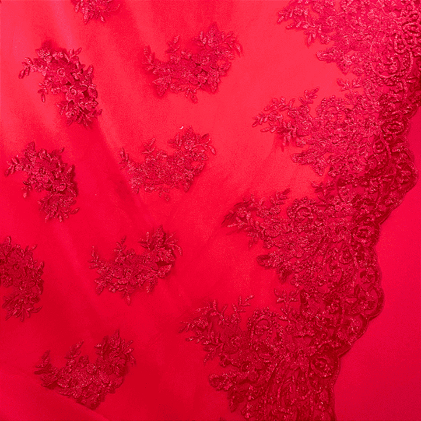 Renda Tule Bordado - Floral Vermelho - 1,40m de Largura