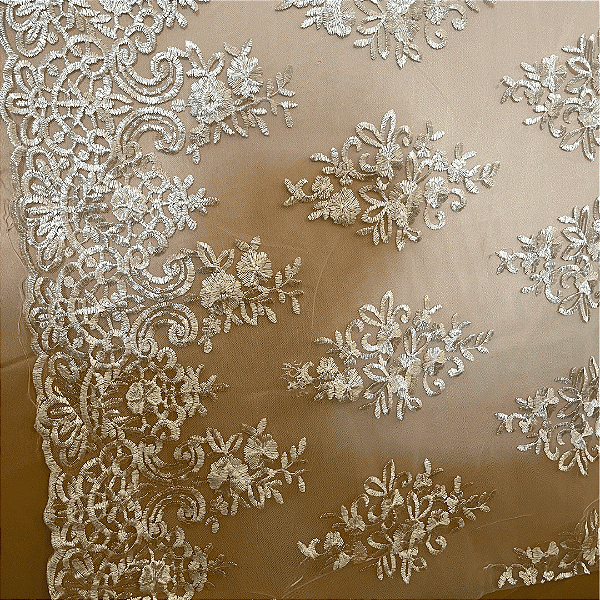 Renda Tule Bordado - Floral Bege - 1,40m de Largura