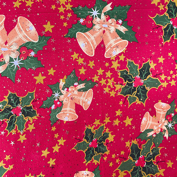 Oxford Estampado Natalino com Brilho - Sinos Fundo Vermelho - 1,47m de Largura