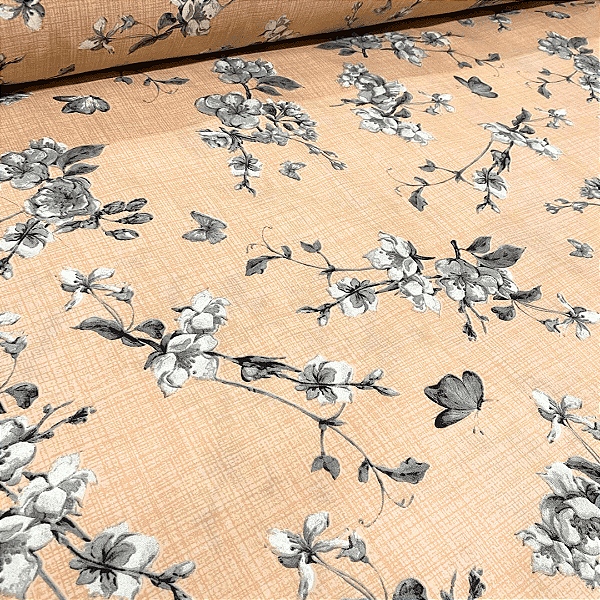 Tecido Percal Estampado 300 Fios 100% Poliéster - Ramagem Floral Cinza Fundo Laranja - 2,50m de Largura | Toque Macio e Não Amassa