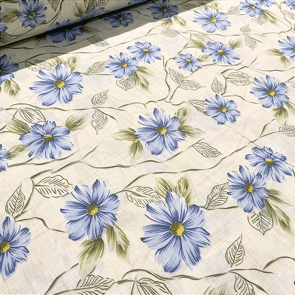 Tecido Percal Estampado 300 Fios 100% Poliéster - Floral Azul Fundo Cinza - 2,50m de Largura | Toque Macio e Não Amassa