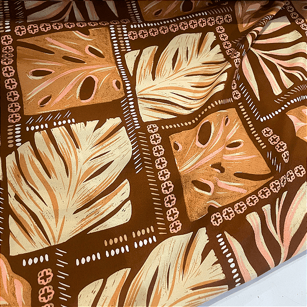 Tecido Viscose Estampada - Folhagem Geométrico Marrom - 1,47m de Largura | Leveza, Frescor e Caimento Fluido