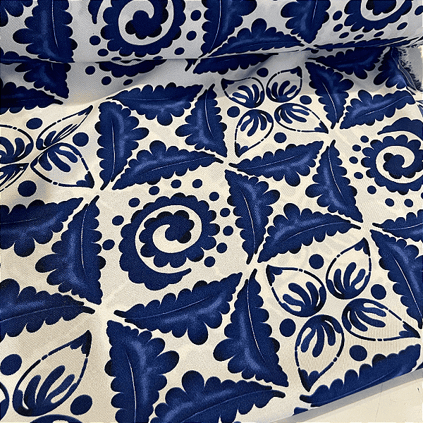 Tecido Crepe Sarjado Estampado - Geométrico Azul Royal - 1,50m de Largura | Textura Diagonal e Não Amassa