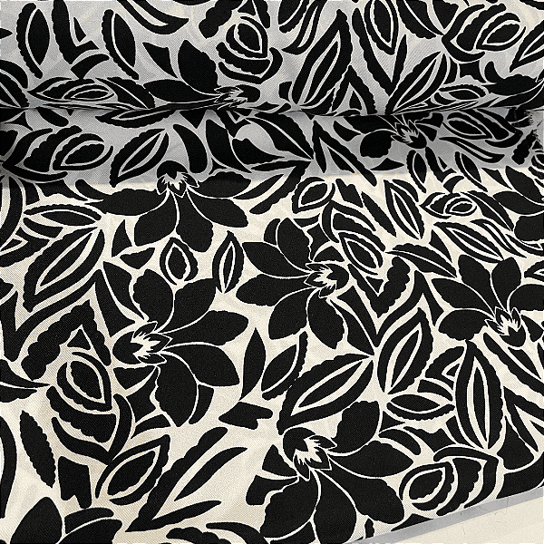 Tecido Crepe Sarjado Estampado - Floral Abstrato Preto e Branco - 1,50m de Largura | Textura Diagonal e Não Amassa