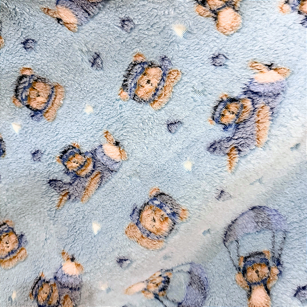 Tecido Fleece Ultra Soft 3D Brilha no Escuro Estampado - Urso Azul - 1,60m de Largura - 100% Poliéster - Mantas e Pijamas Infantis