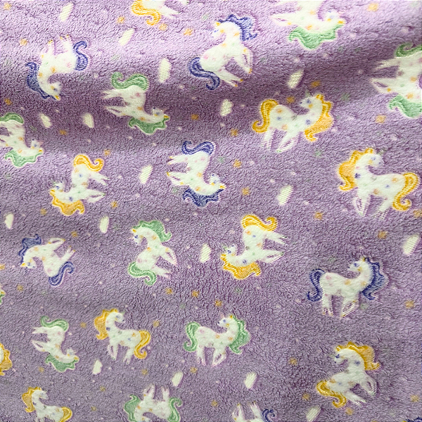Tecido Fleece Ultra Soft 3D Brilha no Escuro Estampado - Unicórnio Roxo - 1,60m de Largura - 100% Poliéster - Mantas e Pijamas Infantis