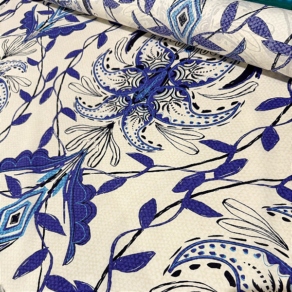 Tecido Cambraia de Algodão Estampado - Arabesco Azul - 1,50m de Largura