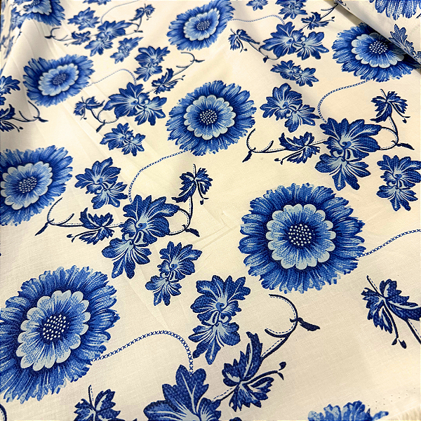 Tecido Cambraia de Algodão Estampado - Girassol Azul - 1,50m de Largura