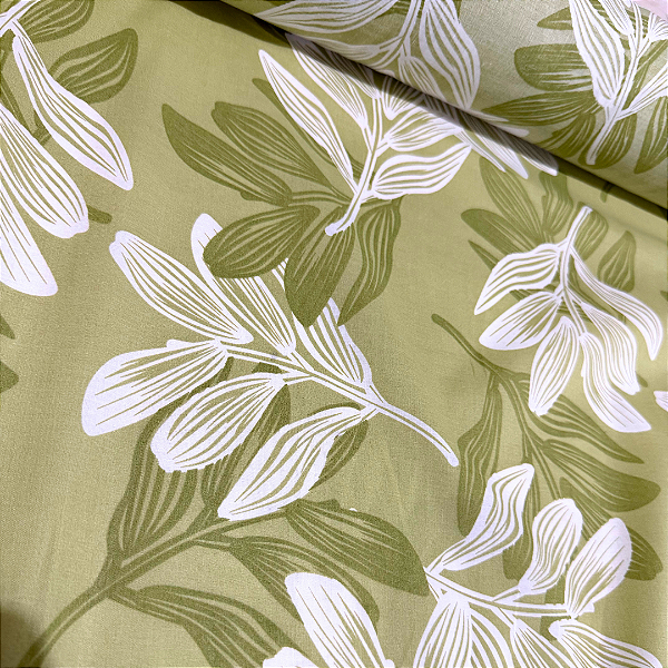 Tecido Cambraia de Algodão Estampado - Ramagem Verde - 1,50m de Largura