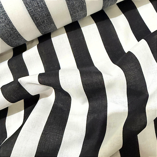 Tecido Cambraia de Algodão Estampado - Listrado Preto e Branco - 1,50m de Largura