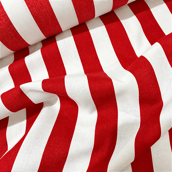 Tecido Cambraia de Algodão Estampado - Listrado Vermelho e Branco - 1,50m de Largura