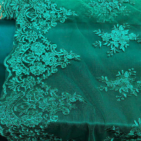 Renda Tule Bordado - Floral Verde Esmeralda - 1,40m de Largura