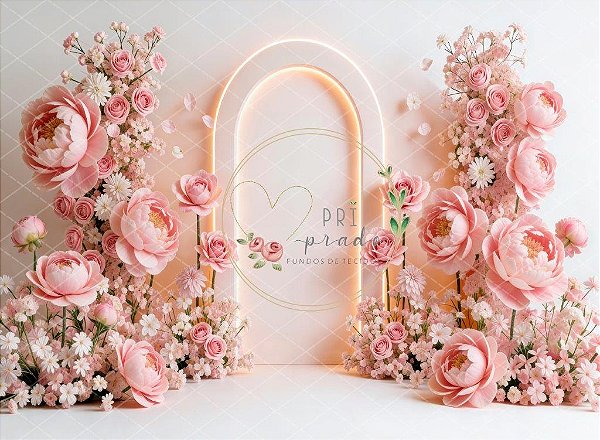 Fundo Fotográfico Dia das Mães Floral Rosé com Arco Iluminado Bebê e Infantil